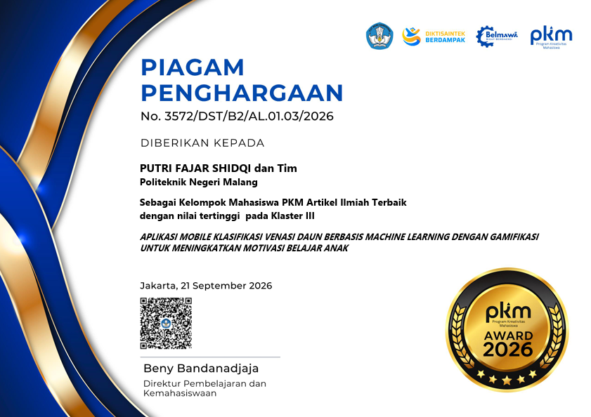 Tim PKM-AI Polinema Raih PKM Award 2026 sebagai Kelompok Mahasiswa PKM Artikel Ilmiah Terbaik Klaster III